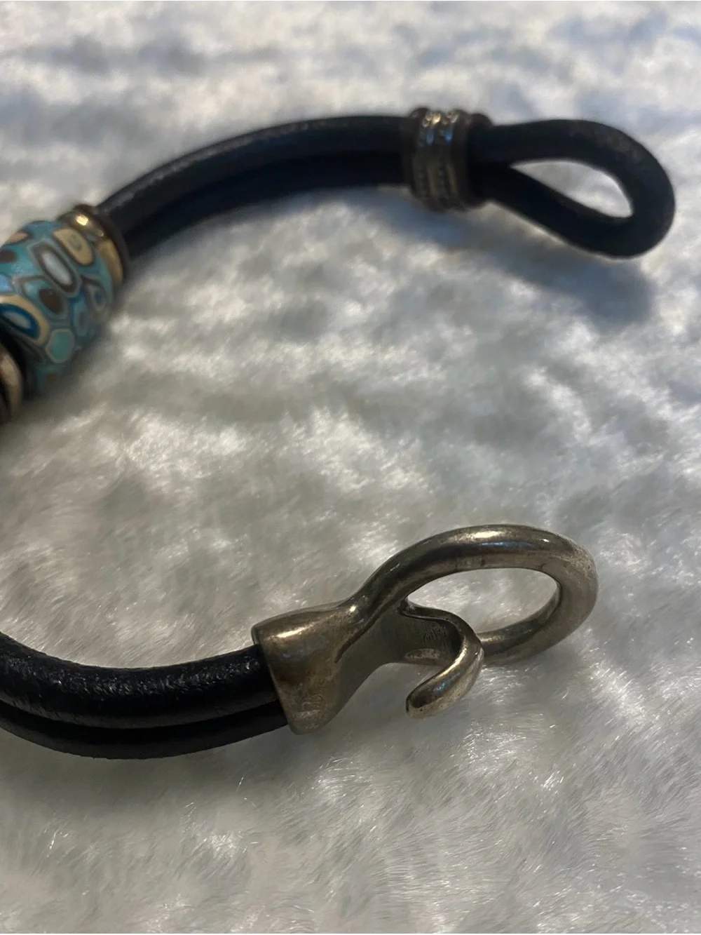 🍀Black Leather Bracelet with Blue Patterned Bead